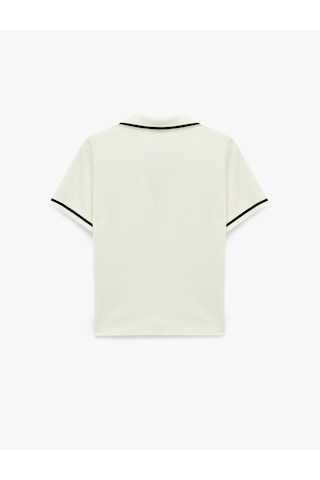 Koton Viskon Slim Fit Kontrast Detaylı Çizgili Kısa Kollu Polo Yaka Tişört Ekru 7wak50050ek