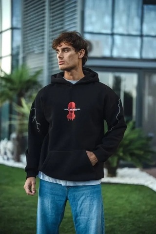 Vexor Üç İplik Kapüşonlu Baskılı Oversize Sweatshirt- Siyah