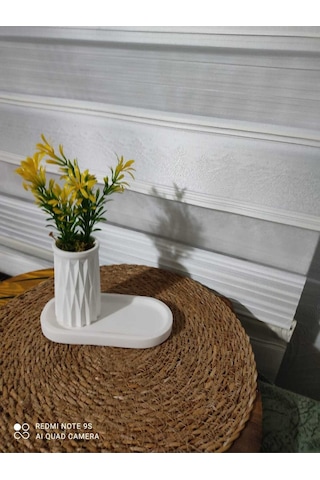 Mini Desenli Beton Saksı Tekli Ve Oval Tabak - Yapay Çiçek Hediyeli - Sarı