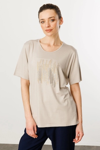 Desen Triko Sıfır Yaka Taş Baskılı Penye Kadın T-shirt 25769 Bej