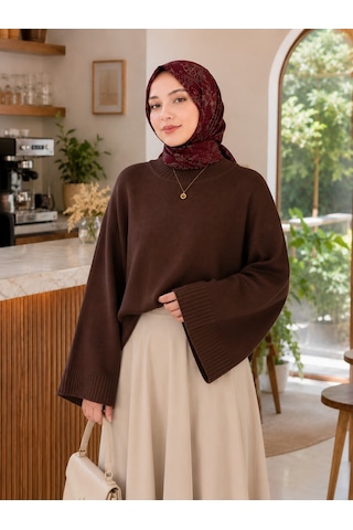 Unika Boutique Kadın Yarasa Kol Oversize Triko Kazak kahverengi
