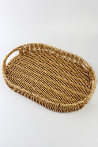 3 Lü Rattan Tepsi Dekoratif Tepsi Hasır Örme Tepsi Oval Krem