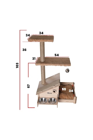 Çok Amaçlı Katlı Kedi Evi-isim Baskılı-ahşap Mdf-tırmalama Çubuklu-kahverengi-çelik Kase-2 350