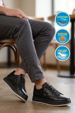 Voyager Siyah Hakiki Deri Erkek Casual Sneaker Memory Taban Premium Casual Ayakkabı M030 M