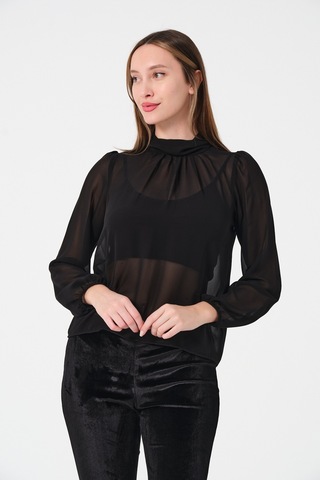 Mois Atelier Siyah Şifon Yaka Büzgülü Bluz Tasarım Büyük Beden Tesettür Bayramlık Siyah