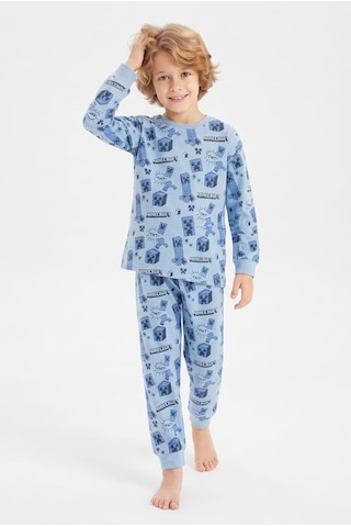 Bunny Hopp %100 Pamuk Süprem Erkek Çocuk Pijama Takımı Mavi Piksel Desenli Gamer Temalı Penye