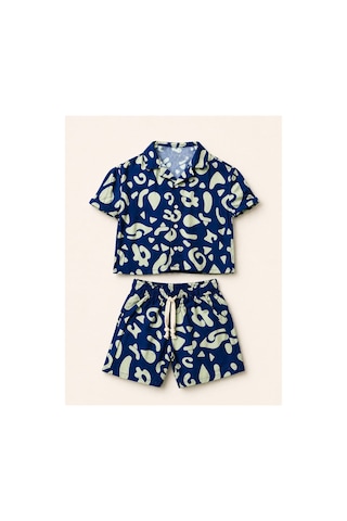 My Kids Wear Modern Desenli Çocuk Yazlık Gömlek & Şort Takımı Rahat Ve Şık Kombin 12746 Beyaz - Mavi