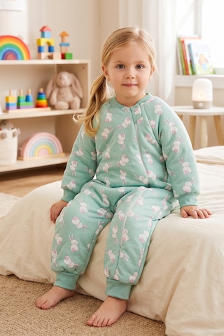 Babymod Tavşan Desenli 2,5 Tog Elyaf Dolgulu Premium Kalite 100% Pamuk Penye Astarlı Çocuk Uyku Tulumu Yeşil