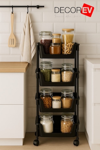 4 Katlı Tekerlekli Plastik Organizer Raf Çok Amaçlı Mutfak, Banyo Ve Ofis Düzenleyici Siyah Dc-6824 Beyaz