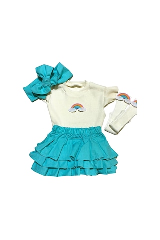 Özge Başaran Kız Bebek Mint Fırfırlı Şortlu Etek, Kolsuz Bluz, Gökkuşağı Figürlü Çorap Fiyonklu Mint