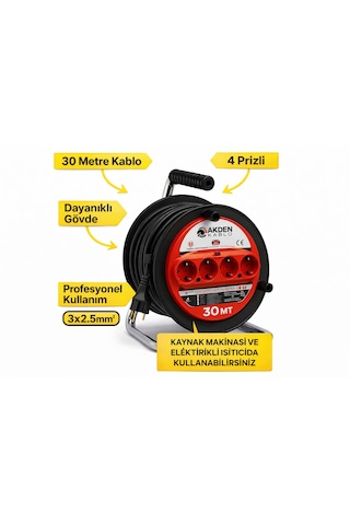 Kablo 30 Metre 3x2,5mm Makaralı Uzatma Kablosu Tam Kesit Kaynak Makinası Kullanıma Uygundur 30 M