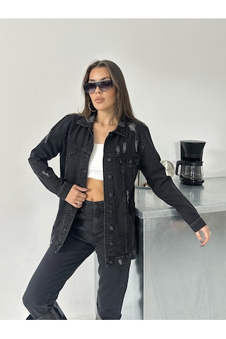 Blue Marlin Kadın Siyah Lazer Yirtik Detayli Boyfriend Kot Ceket Siyah