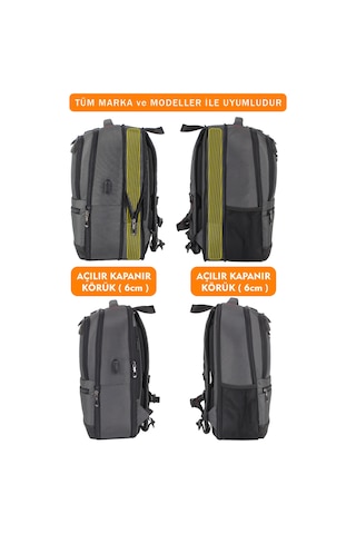14"-15,6" İnç Körüklü Gri Laptop Sırt Çantası Unisex Su Geçirmez Kumaş Gri