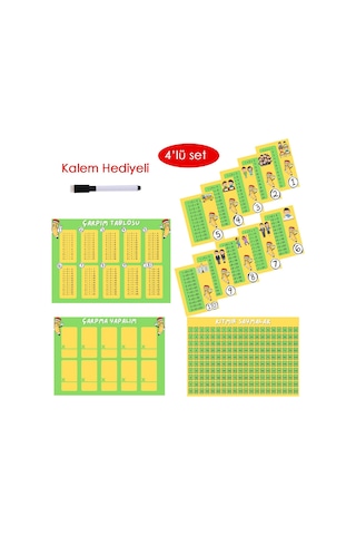 4'lü Çarpım Tablosu Seti - Kalem Hediyeli Okul Temalı