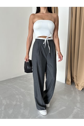 Antrasit Bel Bantı Detaylı Yan Fermuarlı Pantolon Antrasit