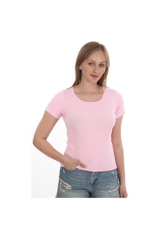 Monox Kadın Fitilli Likralı Pamuk Basic Tshirt Pembe