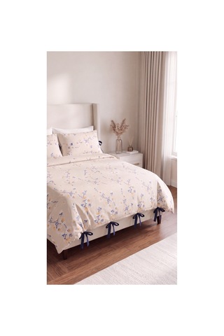 %100 Pamuk Çiçek Desenli Çift Kişilik Nevresim Seti 4 Lacivert Bağcıklı 2 Adet Tek Bağcıklı Yastık Kılıfı Ekru - 907788545 Ekru
