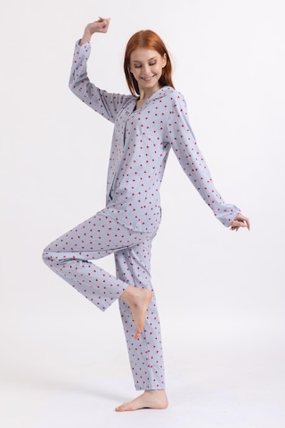 Kadın Dört Mevsim %100 Pamuk Düğmeli Kalp Desenli Yüksek Kalite Pijama Takımı 9323 - Mavi
