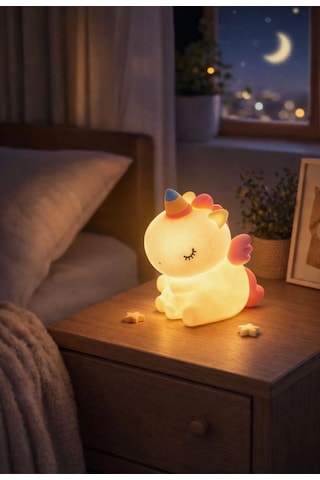 Rose Teknoloji Oturan Unicorn Dokunmatik Gece Lambası 3 Kademeli Otomatik Kapanma Özellikli Yumuşak Işık Beyaz