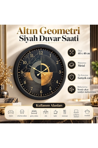 Altın Geometri 40 X 40 Cm Siyah Metal Duvar Saati