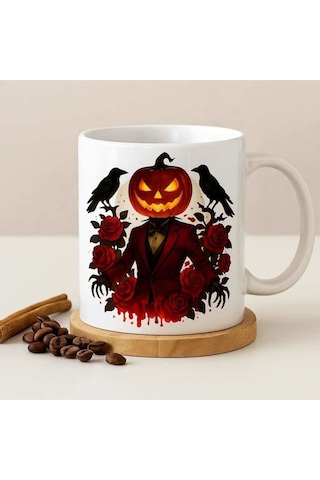 Halloween Ruhu Balkabağı Desenli Kupa Işıkla Beliren Korku Teması Beyaz