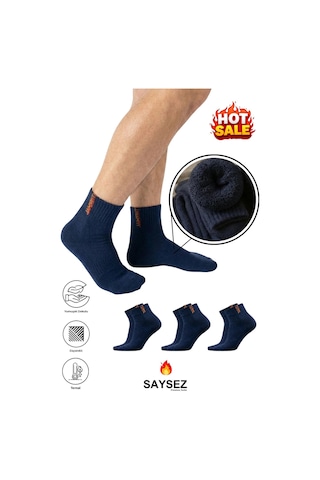 Saysez 3 Çift Termal Erkek Kışlık Patik Yarım Konç Havlu Kalın Çorap Dikişsiz Lacivert Renk Premium Pamuk Lacivert