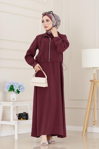 Sevitli Cep Detaylı Cepkenli Ela Elbise-bordo-5078