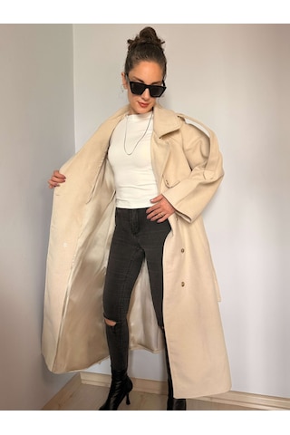 Ali Butik Krem Kol Detaylı Premium Kaşe Kaban Krem