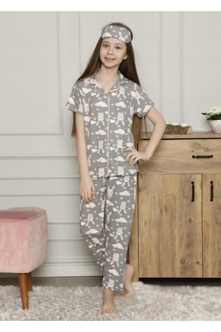 Kız Çocuk Bulut Tavşan Baskılı Kısa Kollu Pijama Takımı Göz Bandı Dahildir 3 Parça Gri Bulut Gri