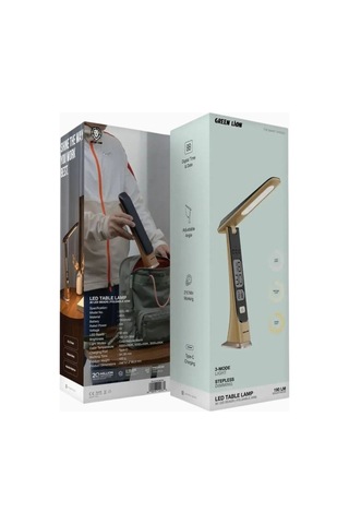 Green Lion Led Table Lamp Wooden Dijital Saatli Şarjlı Masa Lambası Ahşap