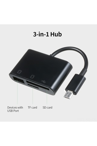 Mufunye Micro Usb Hub 3-in-1: Usb 2.0 Dönüştürücü + Sd/tf Kart Okuyucu, Telefon İle Klavye/kamera Bağlantısı, Siyah