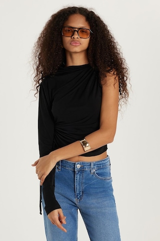 Tudors Kadın Slim Fit Dar Kesim Tek Kollu Yandan Bağcık Detaylı Siyah Bluz-33454 Siyah
