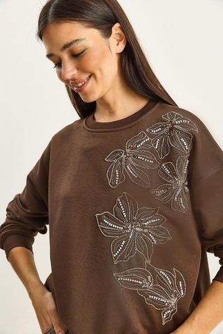 Shade Kadın Bisiklet Yaka Çiçek Boncuk İşlemeli Relaxed Sweatshirt 1572 60283809 - Kahverengi