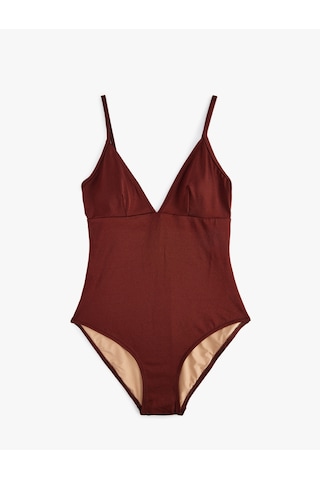 Koton Astarlı V Yaka İnce Askılı Mayo Kahverengi 5sak20042mm Kahve Kahverengi