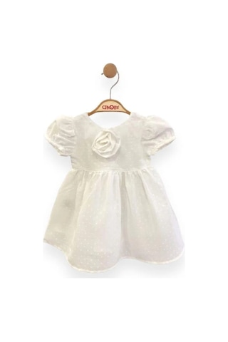 Çikoby Kız Bebek Gül Detaylı Şık Elbise-13761 Beyaz