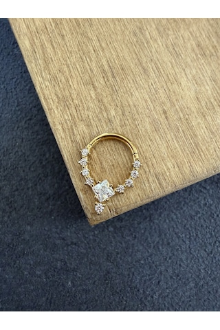 316 L Cerrahi Çelik Oval Zirkon Taşlı Pırlanta Model Halka Piercing Altın - Lacivert