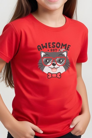 Fyk Kids Kız Çocuk Basic Awesome Boy Baskılı T-shirt Kırmızı
