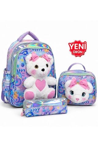Happy Peluş Ayıcıklı Kız Çocuk İlkokul Okul Çanta Seti 3 Parça-sırt Çantası,beslenme Çantası Ve Kalemlik Ayıcık