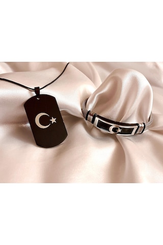 Ay Yıldız Türk Bayrağı Figürlü Çelik Kolye&bileklik Set Siyah