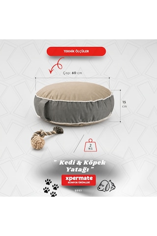 Xpermate Fermuarlı Kedi ve Köpek Minderi Yuvarlak Kedi Minderi Yıkanabilir Kedi Köpek Yatağı Bej - Gri