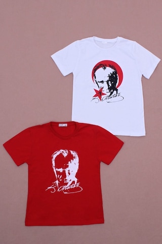 Fyk Kids 2'li Atatürk-imza Farklı Desenli Erkek-kız Çocuk T-shirt Kırmız - Beyaz