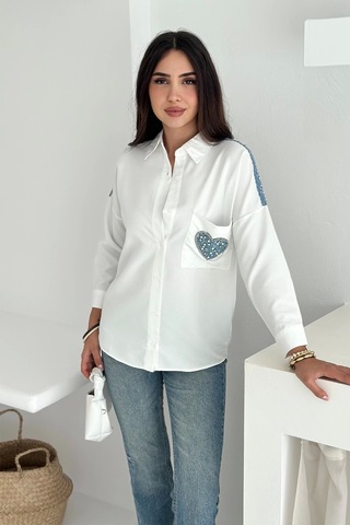Asprin Fashion Kalp Cepli Gömlek Beyaz