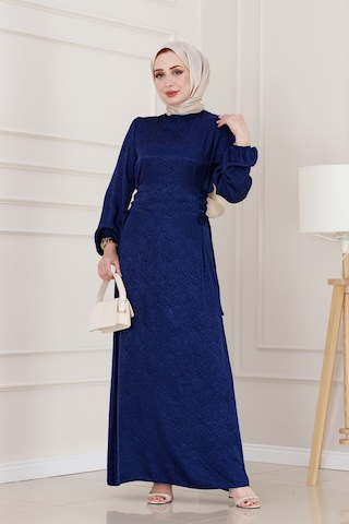 Banu Yanı Bağcıklı Saten Abiye-lacivert-4950