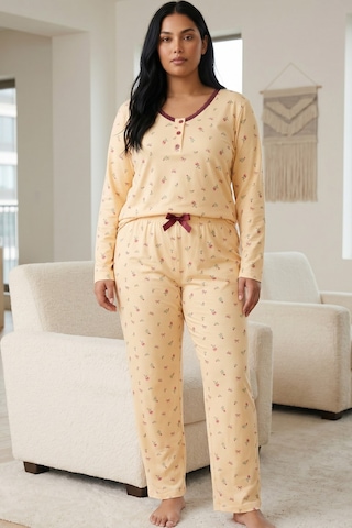 Siyah İnci Pamuklu Likralı Büyük Beden Battal Boy Örme Pijama Takım26240876 Sarı