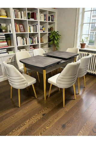 Msy Home 6 Kişilik Premium Seri Gold Detaylı Krem Renk Siyah Sonomo Kelebek Masa Modern Şık Set Bej