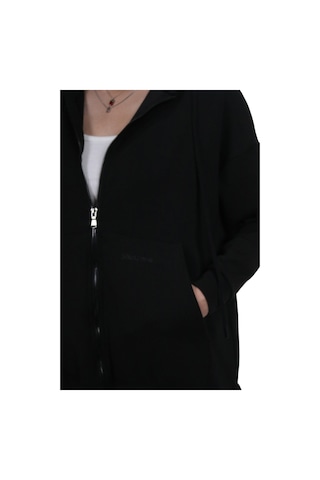 Kadın Modal Kumaş Yumuşak Dokulu Fermuarlı Rahat Kalıp Siyah Kapüşonlu Ceket Hırka Siyah