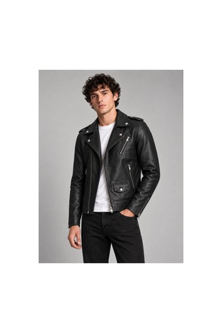 Maison Rae Erkek Siyah Slim Fit Biker Deri Ceket Fermuar Ve Cep Detaylı