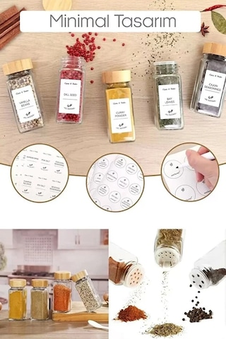 4 Lü Baharatlık Set Stantlı Bambu Kapaklı Etiketli Cam Kare Formlu Baharatlık Takımı Serpme Başlıkl Çok Renkli