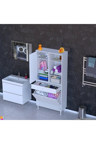 Modilayn Afra 75x173x32,5cm 1 Çekmece, 2 Göz Sepet, 1 Kapak, 6 Raf Dar Alan Banyo Dolabı Beyaz