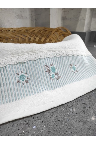 %100 Pamuk & Nakışlı Havlu Takımı - 2'li Dantelli Havlu Seti - 40x60 Cm Mint Yeşili Mint